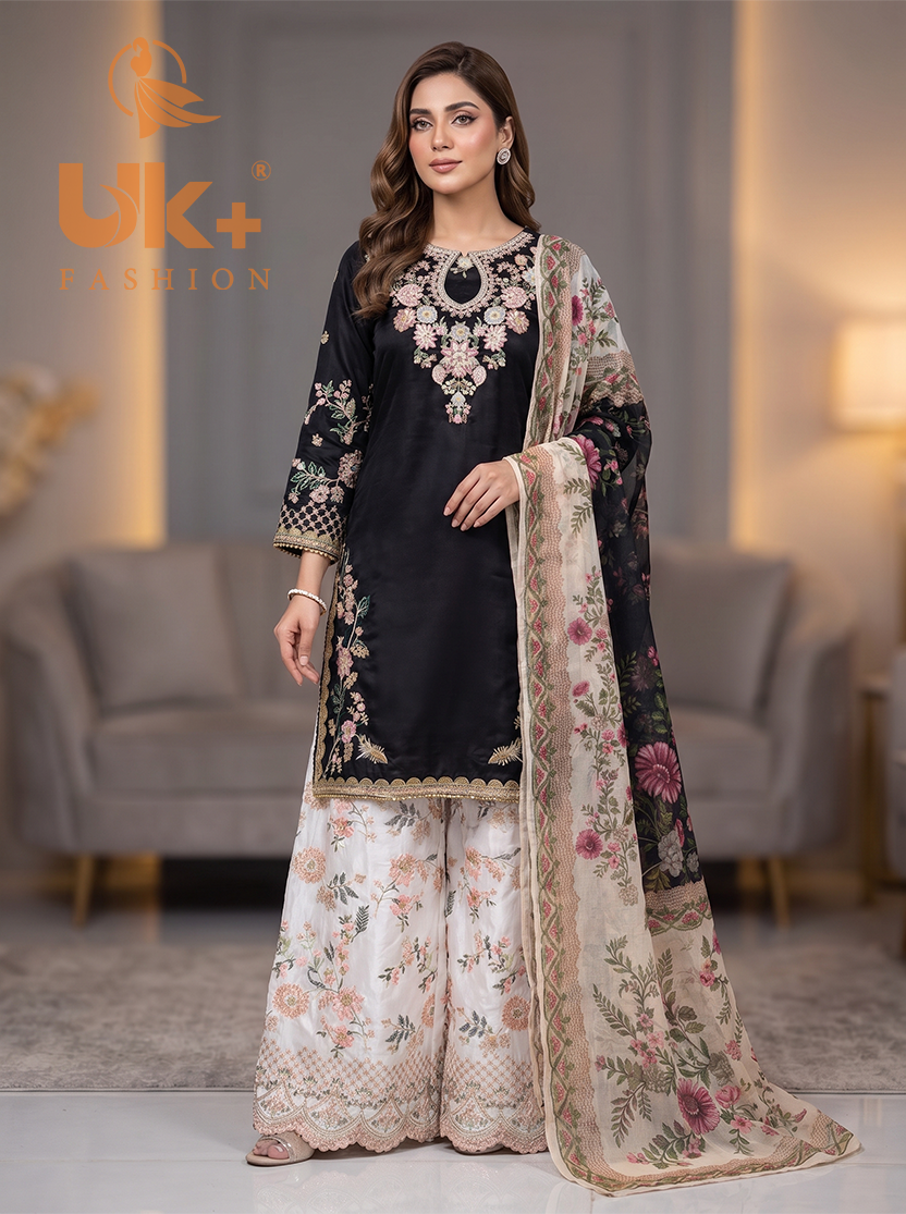 3Pc Embroidered Shamoz Silk, Shirt, Plazo & Dupatta