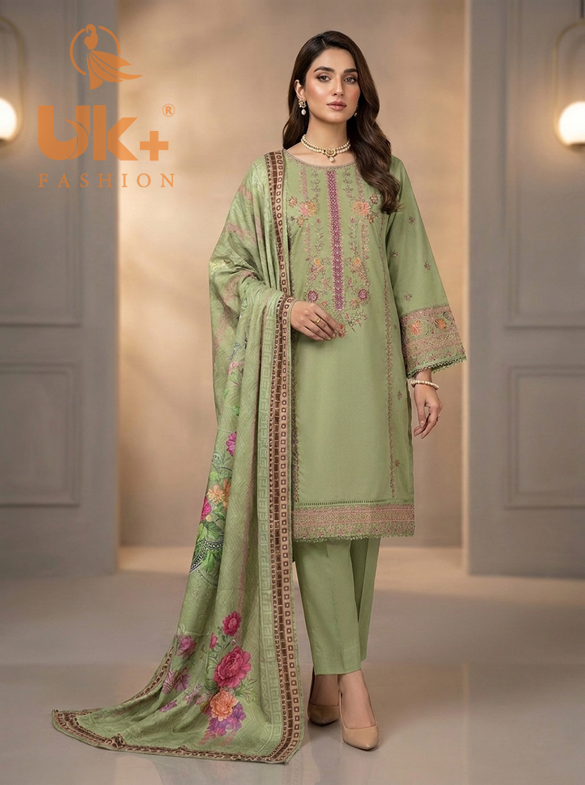 3Pc Embroidered Cotton Shirt, Trouser, Dupatta
