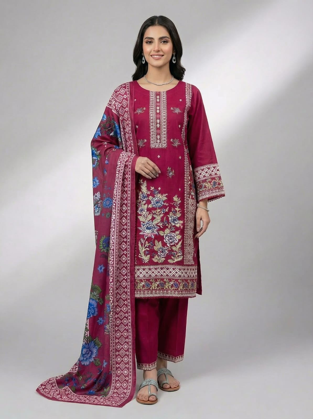 3Pc Embroidered Winter Khaddar, Shirt Shalwar Dupatta