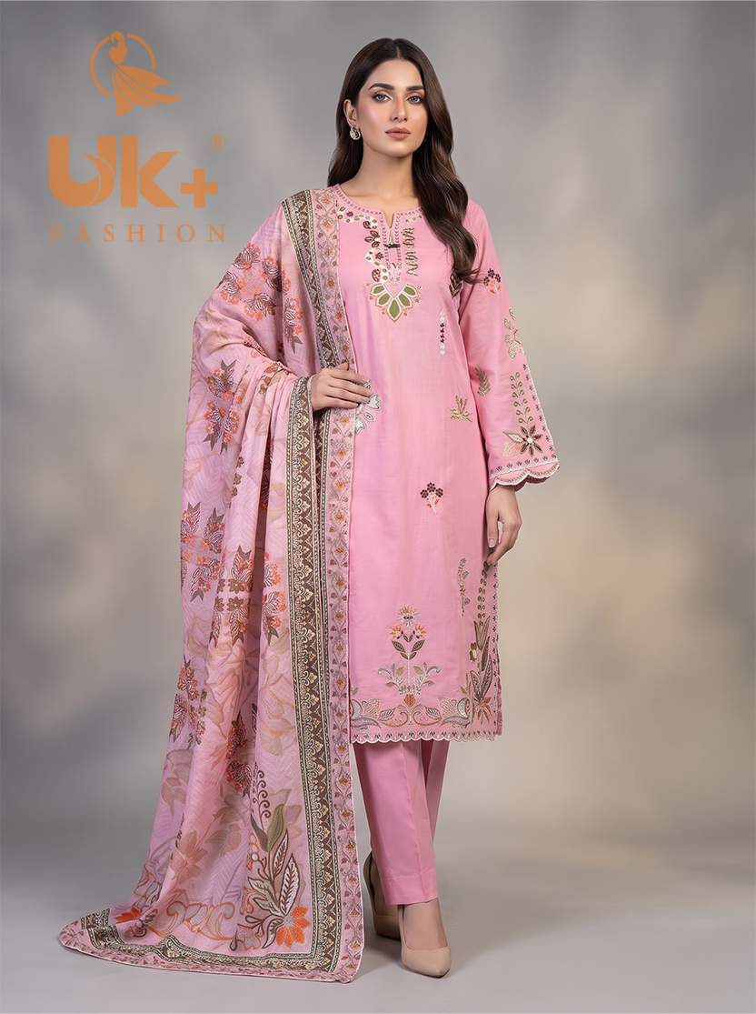 3Pc Embroidered Cotton Shirt, Trouser, Dupatta