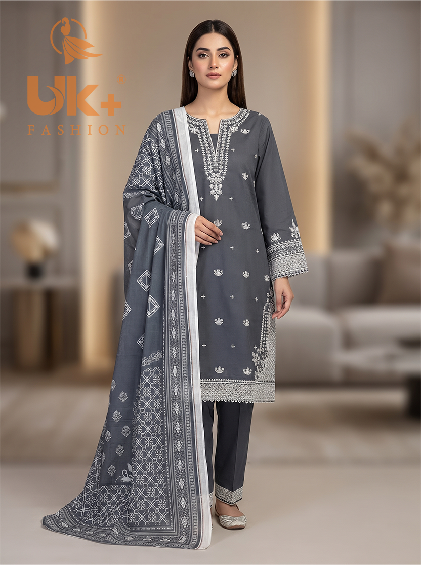3Pc Embroidered Cotton Shirt, Trouser, Dupatta