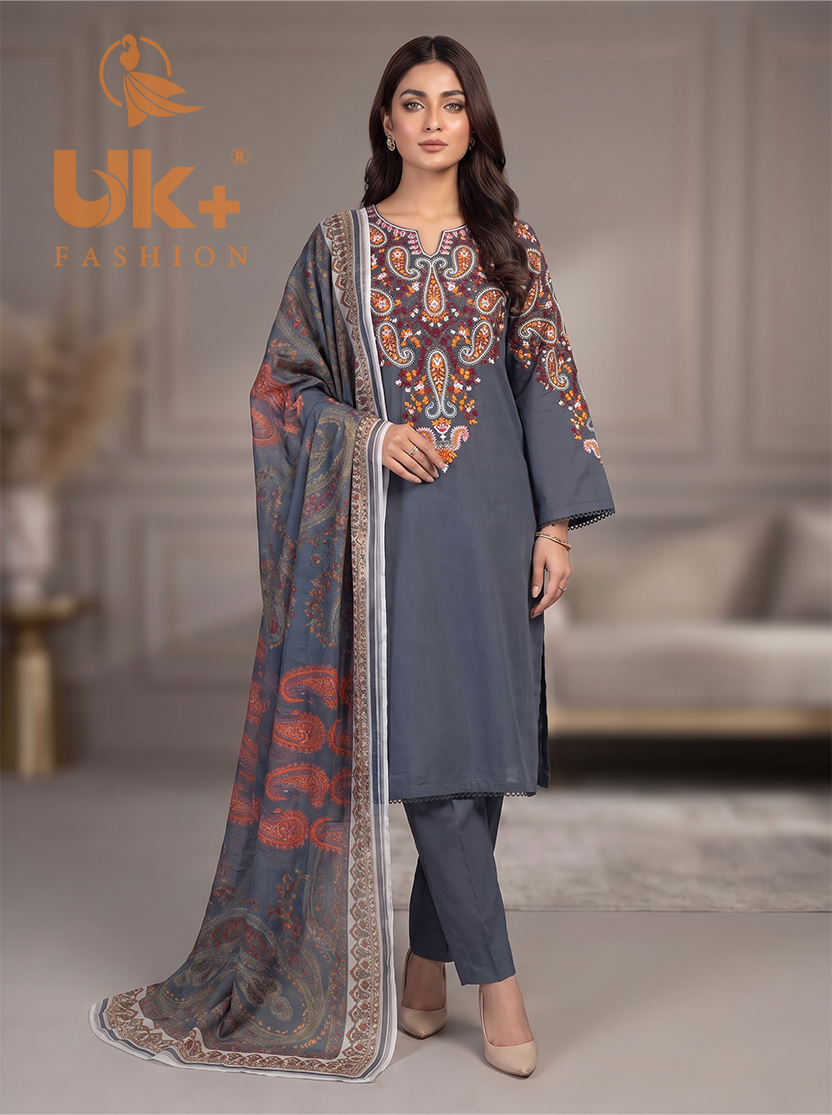 3Pc Embroidered Cotton Shirt, Trouser, Dupatta