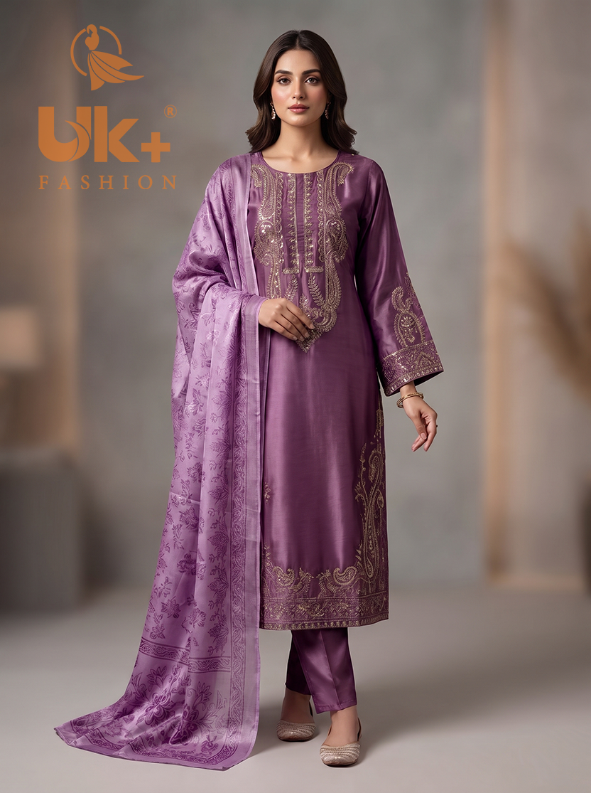 3Pc Embroided Shamoz Silk Long Shirt, Shalwar, Dupatta