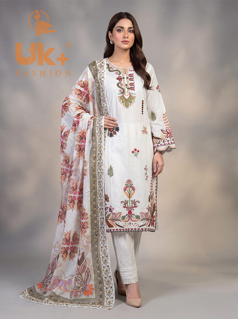 3Pc Embroidered Cotton Shirt, Trouser, Dupatta