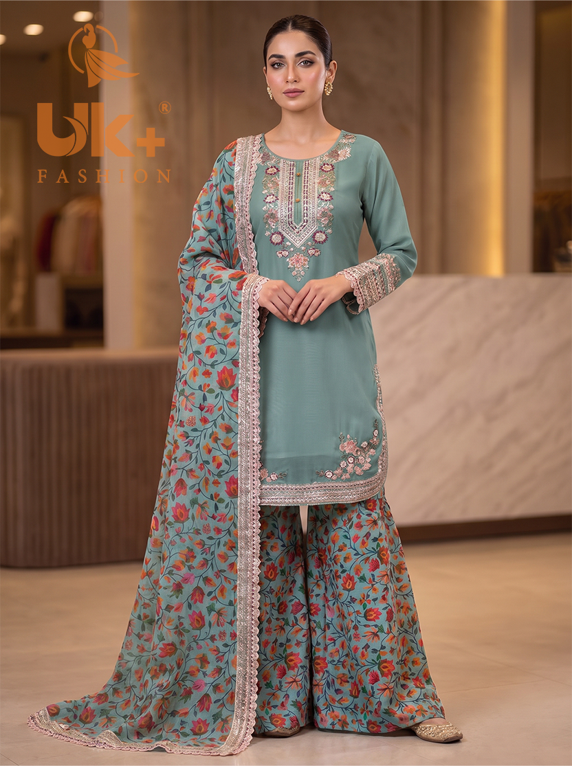 3Pc Embroided Chiffon Shirt, Plazo, Dupatta