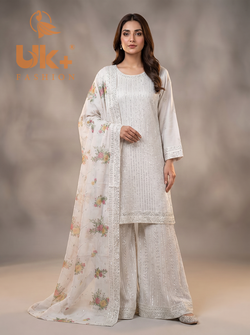 3Pc Embroided Chiffon Shirt, Plazo, Dupatta