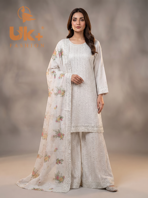 3Pc Embroided Chiffon Shirt, Plazo, Dupatta