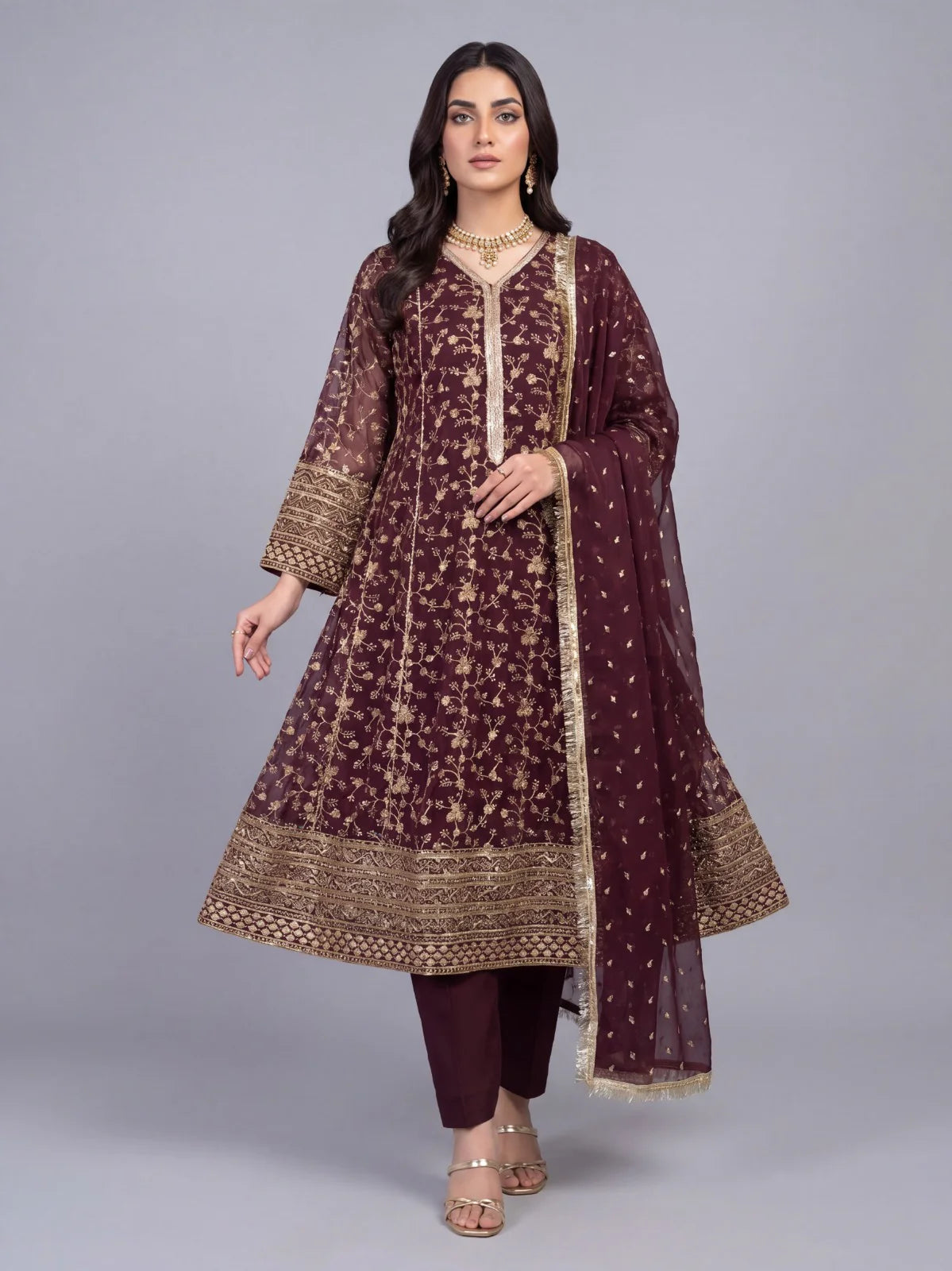 3Pc Chiffon Embroidery Shirt, Shlawar, Dupatta
