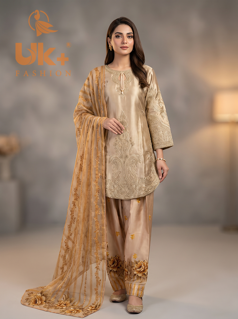 3Pc Embroidered Silk shirt, Farshi & Dupatta