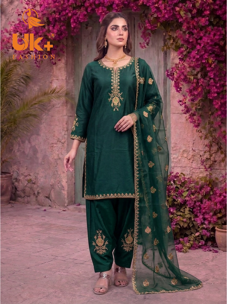 3Pc Embroidered Kataan Silk, Shirt, Farshi Shalwar and Dupatta