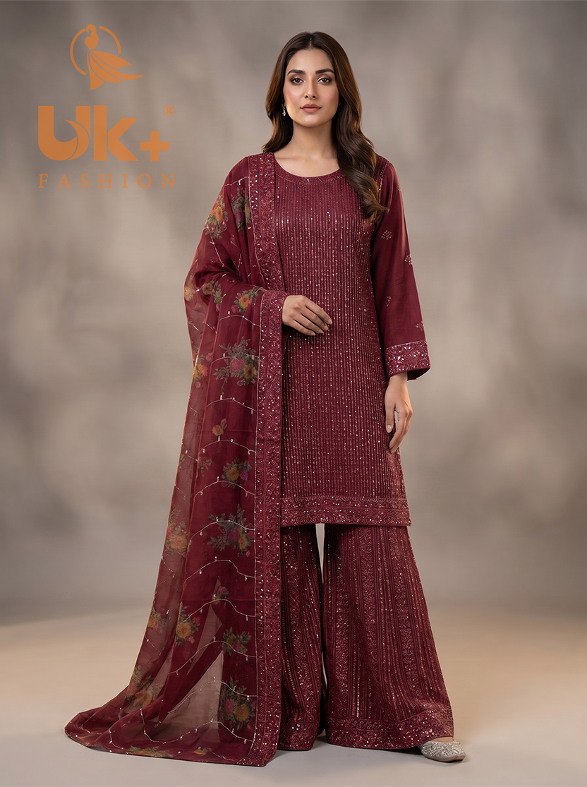 3Pc Embroided Chiffon Shirt, Plazo, Dupatta
