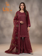 3Pc Embroided Chiffon Shirt, Plazo, Dupatta