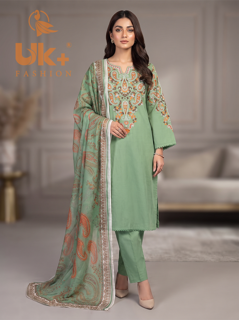3Pc Embroidered Cotton Shirt, Trouser, Dupatta