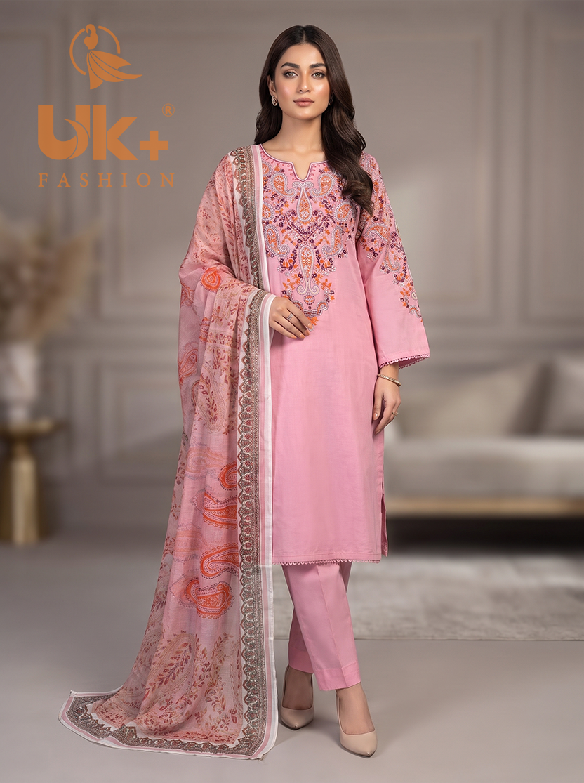 3Pc Embroidered Cotton Shirt, Trouser, Dupatta