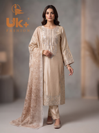 3Pc Embroided Shamoz Silk Long Shirt, Shalwar, Dupatta