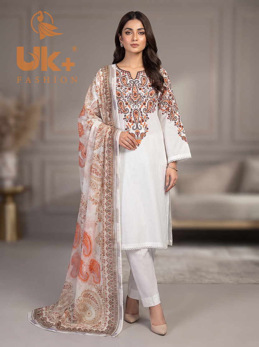 3Pc Embroidered Cotton Shirt, Trouser, Dupatta