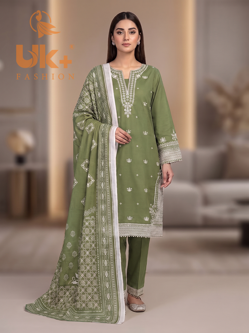 3Pc Embroidered Cotton Shirt, Trouser, Dupatta