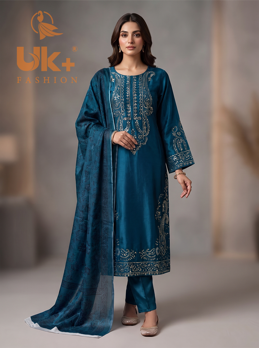3Pc Embroided Shamoz Silk Long Shirt, Shalwar, Dupatta