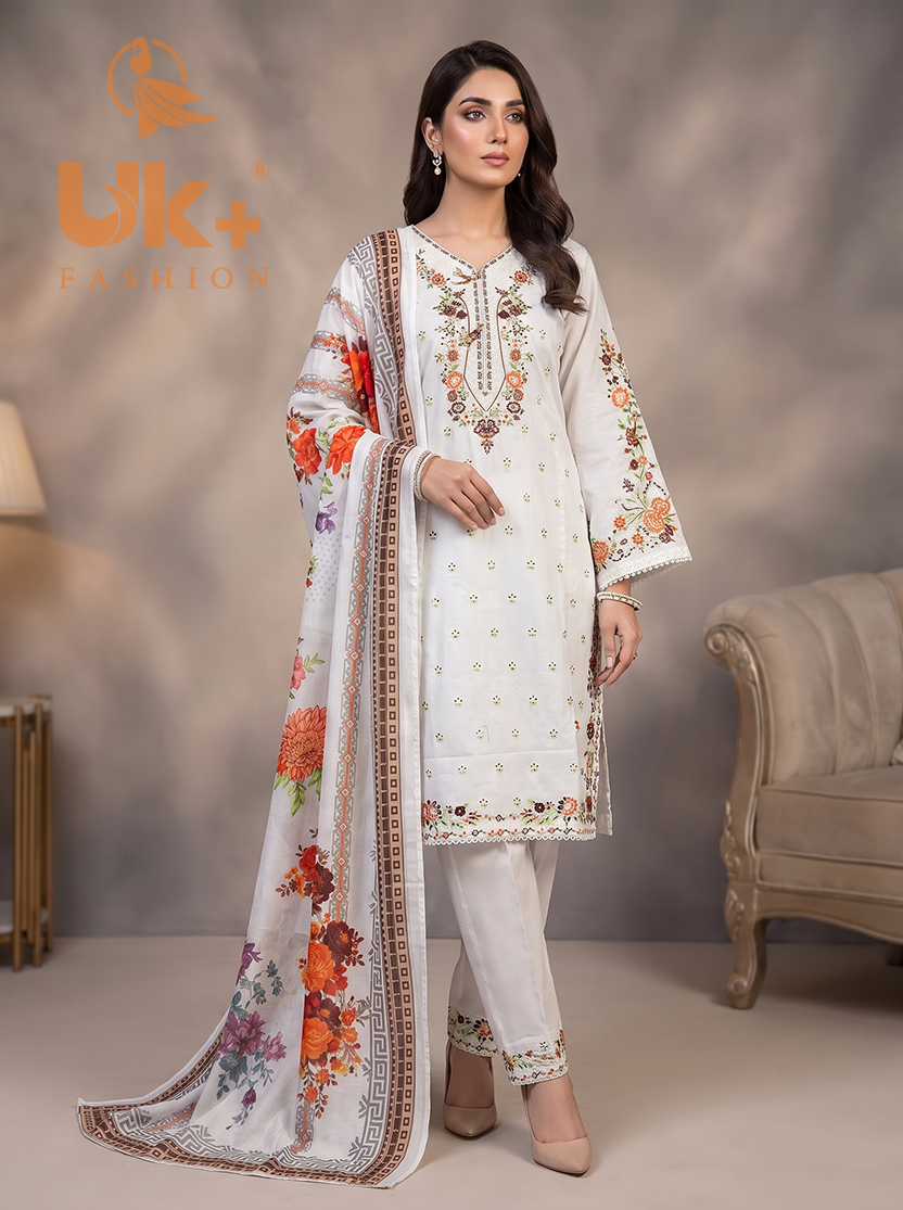 3Pc Embroidered Cotton Shirt, Trouser, Dupatta
