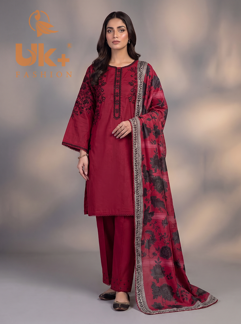 3Pc Embroidered Cotton Shirt, Trouser, Dupatta