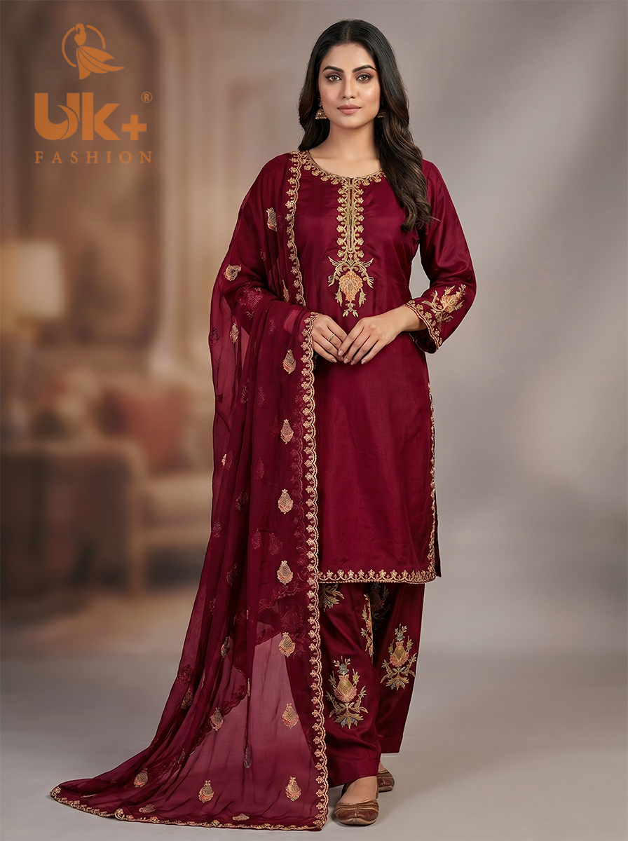 3Pc Embroidered Kataan Silk, Shirt, Farshi Shalwar and Chiffon Dupatta