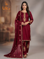3Pc Embroidered Kataan Silk, Shirt, Farshi Shalwar and Chiffon Dupatta