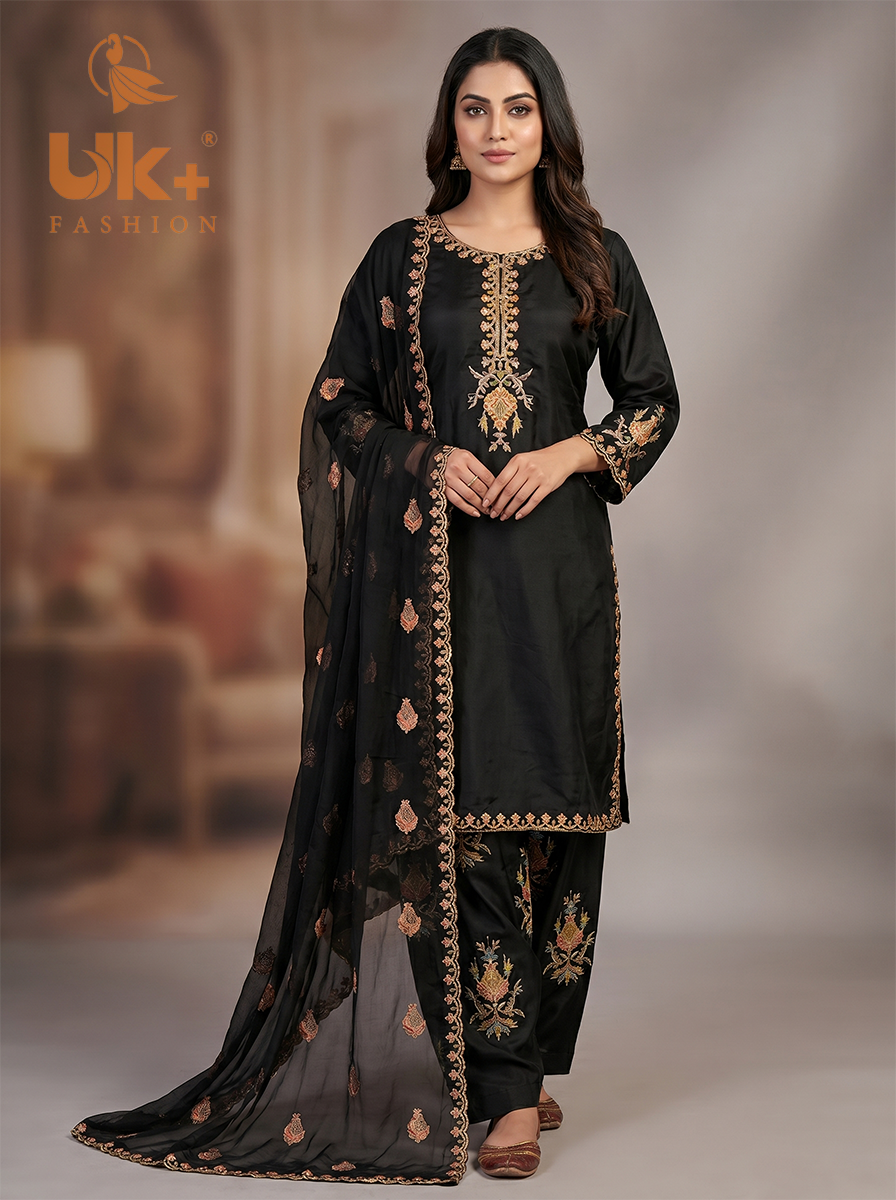 3Pc Embroidered Kataan Silk, Shirt, Farshi Shalwar and Chiffon Dupatta