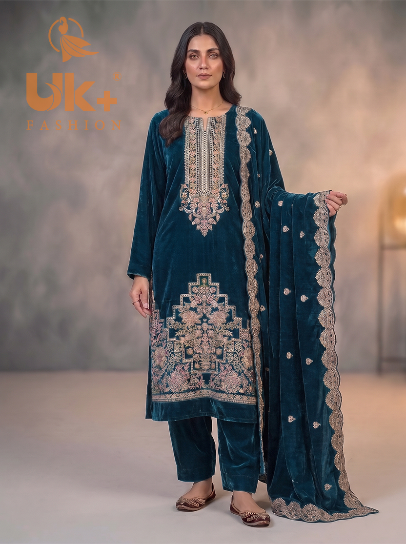 3Pc Velvet Un-Stitch, shirt, shalwar & Dupatta