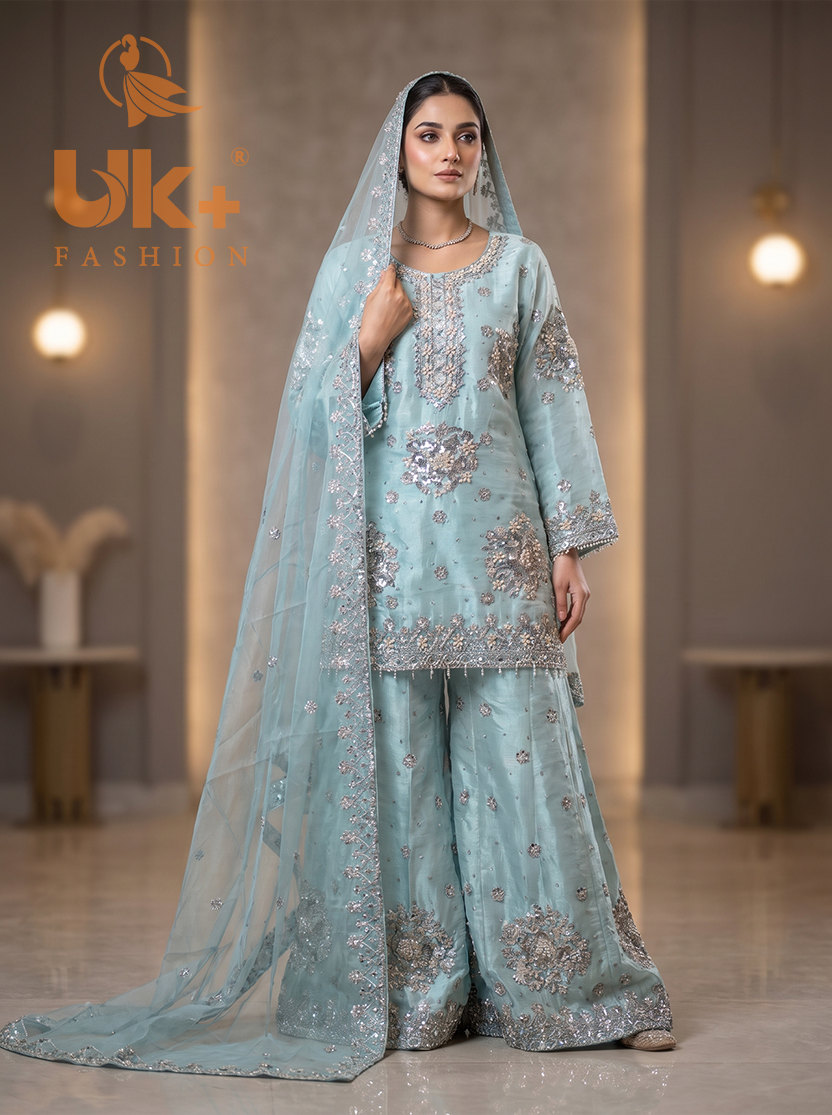3Pc Embroided Sheesha Silk Shirt, Plazo, Dupatta