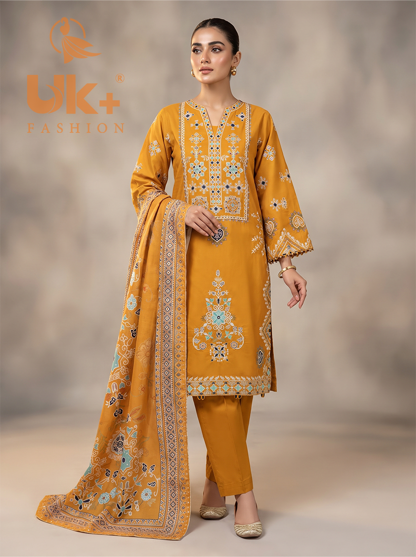 3Pc Embroidered Cotton Shirt, Trouser, Dupatta