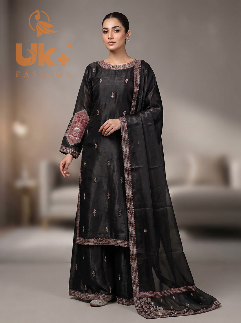 3Pc Embroidered Sheesha Silk Long Shirt, Plazo, Dupatta