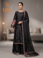 3Pc Embroidered Sheesha Silk Long Shirt, Plazo, Dupatta