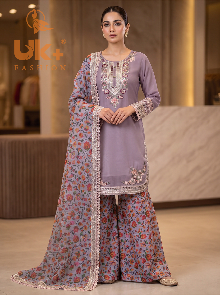 3Pc Embroided Chiffon Shirt, Plazo, Dupatta