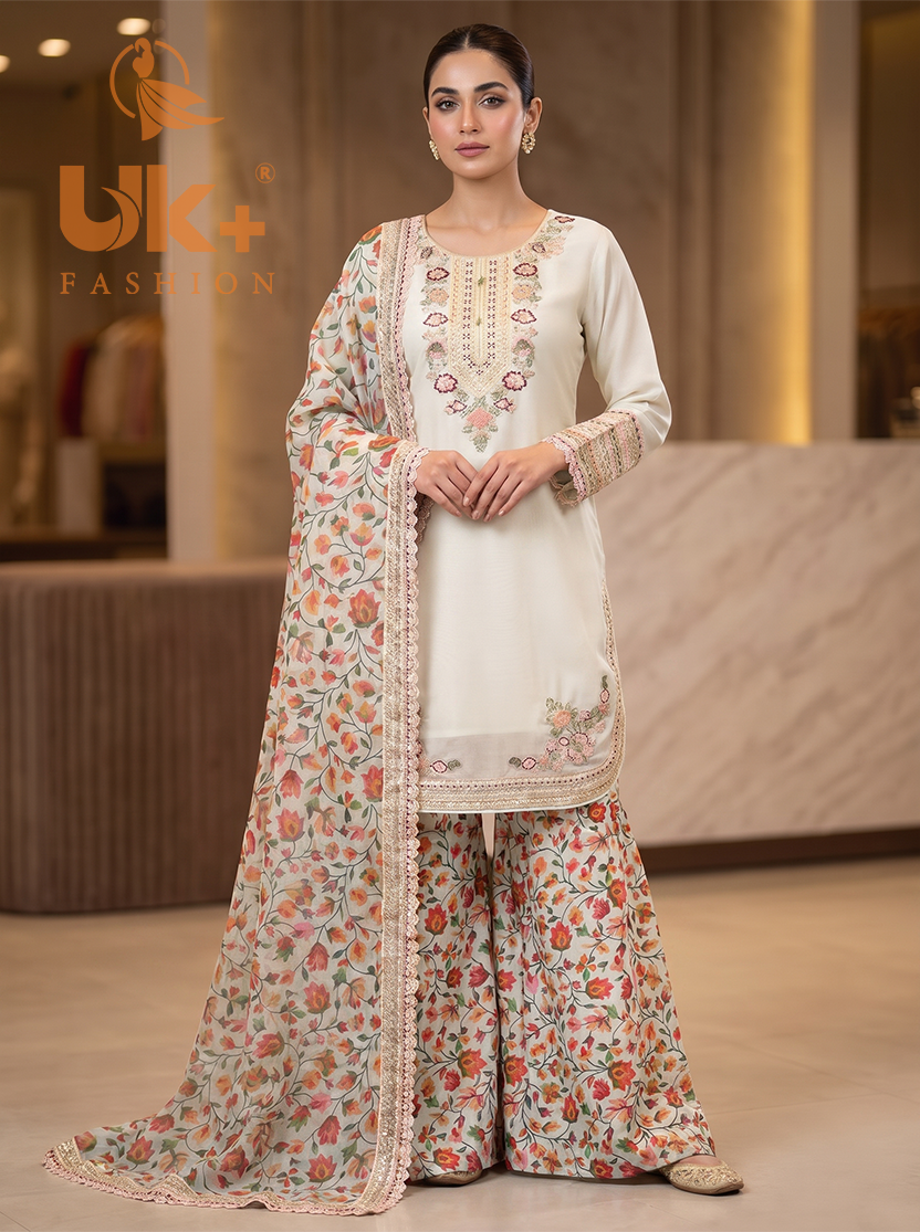 3Pc Embroided Chiffon Shirt, Plazo, Dupatta