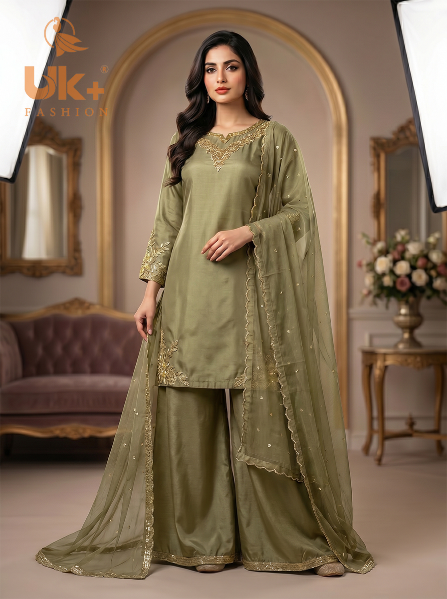 3Pc Embroided pure Silk Shirt, Plazo, Dupatta