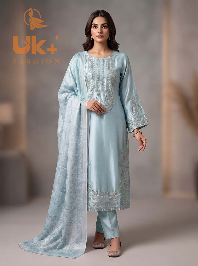3Pc Embroided Shamoz Silk Long Shirt, Shalwar, Dupatta