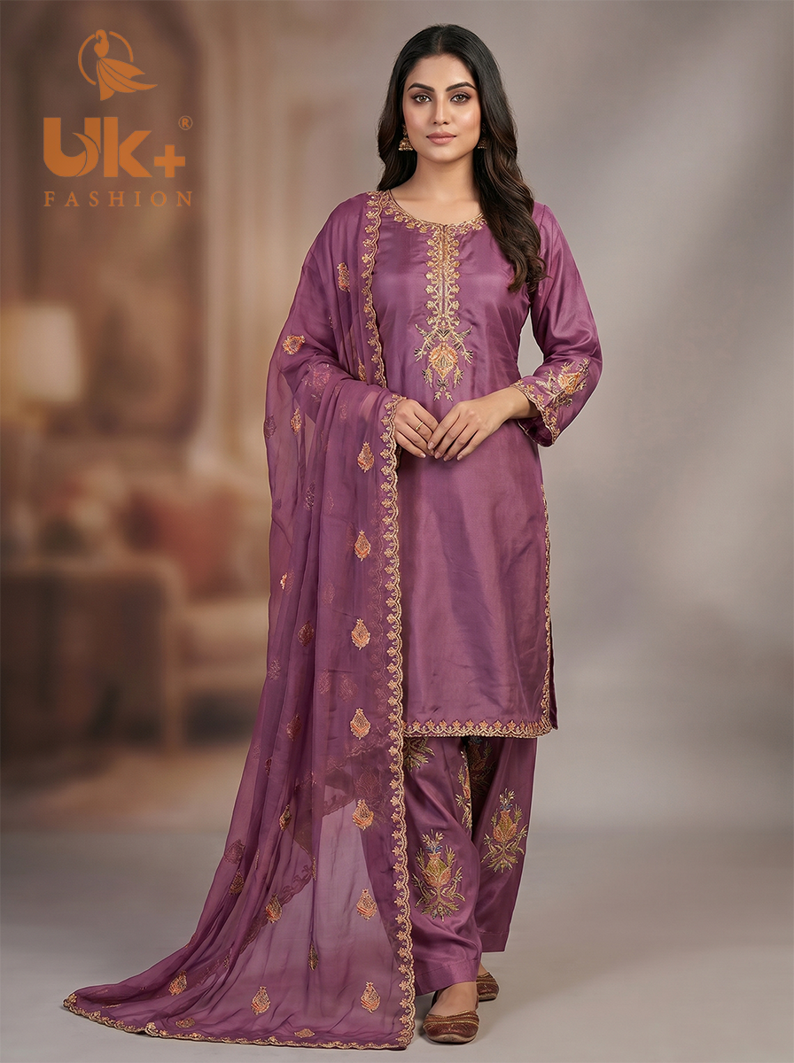 3Pc Embroidered Kataan Silk, Shirt, Farshi Shalwar and Chiffon Dupatta