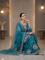 3Pc Embroided Sheesha Silk Shirt, Plazo, Dupatta