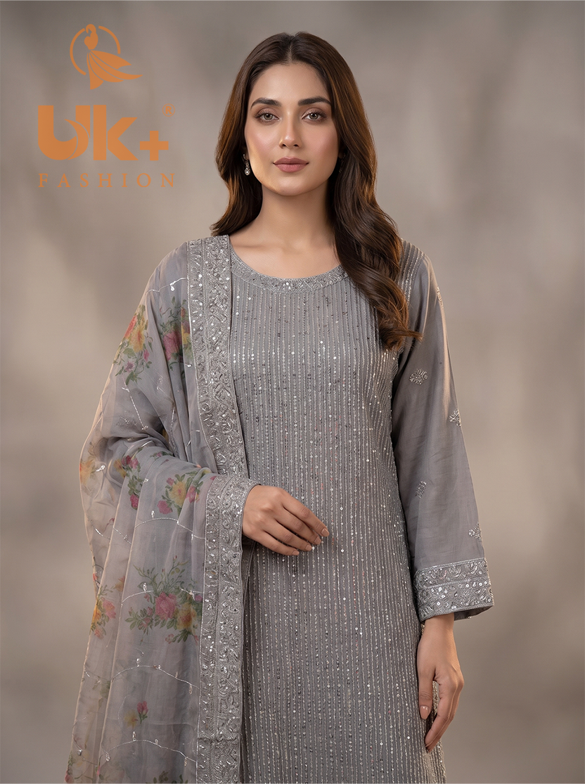 3Pc Embroided Chiffon Shirt, Plazo, Dupatta
