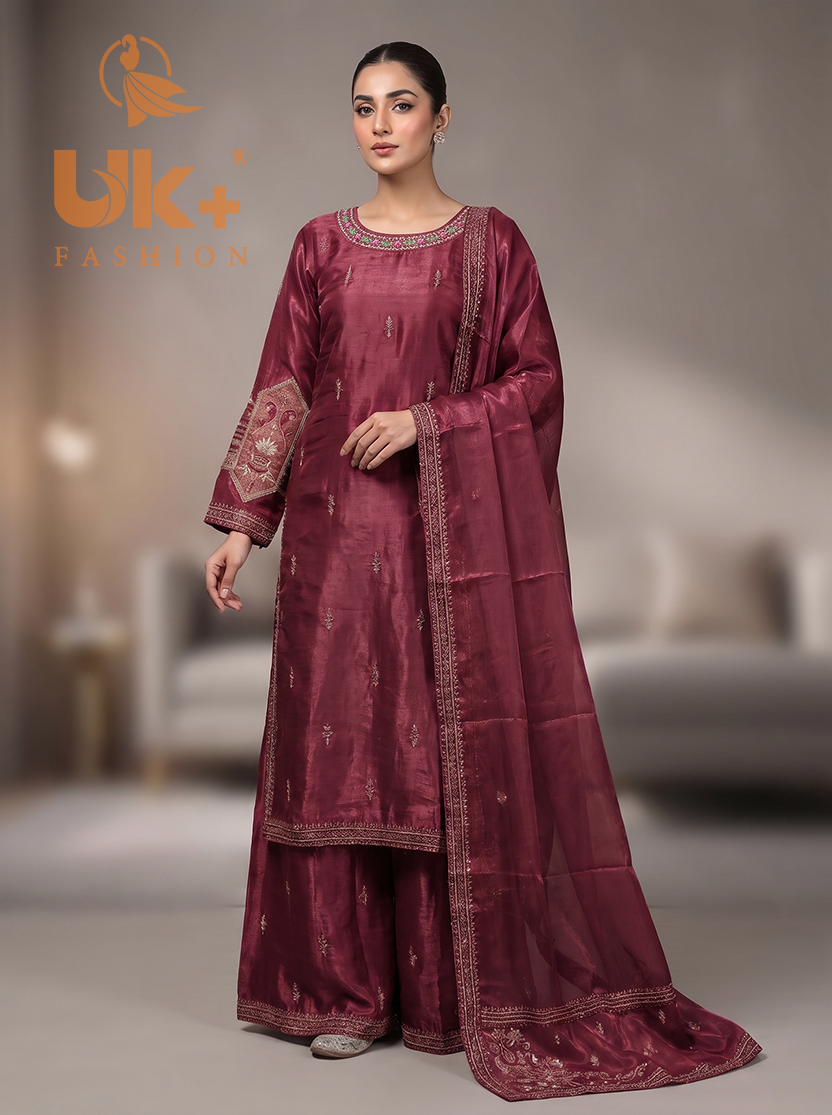 3Pc Embroidered Sheesha Silk Long Shirt, Plazo, Dupatta