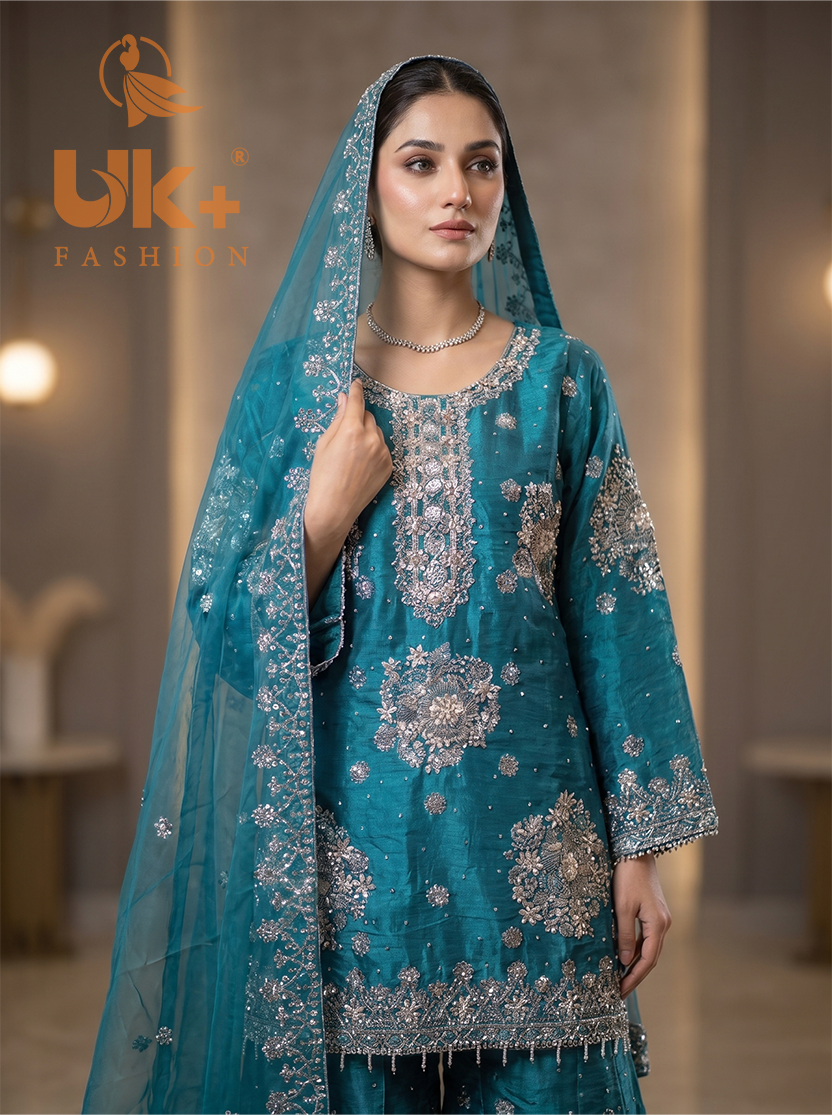 3Pc Embroided Sheesha Silk Shirt, Plazo, Dupatta