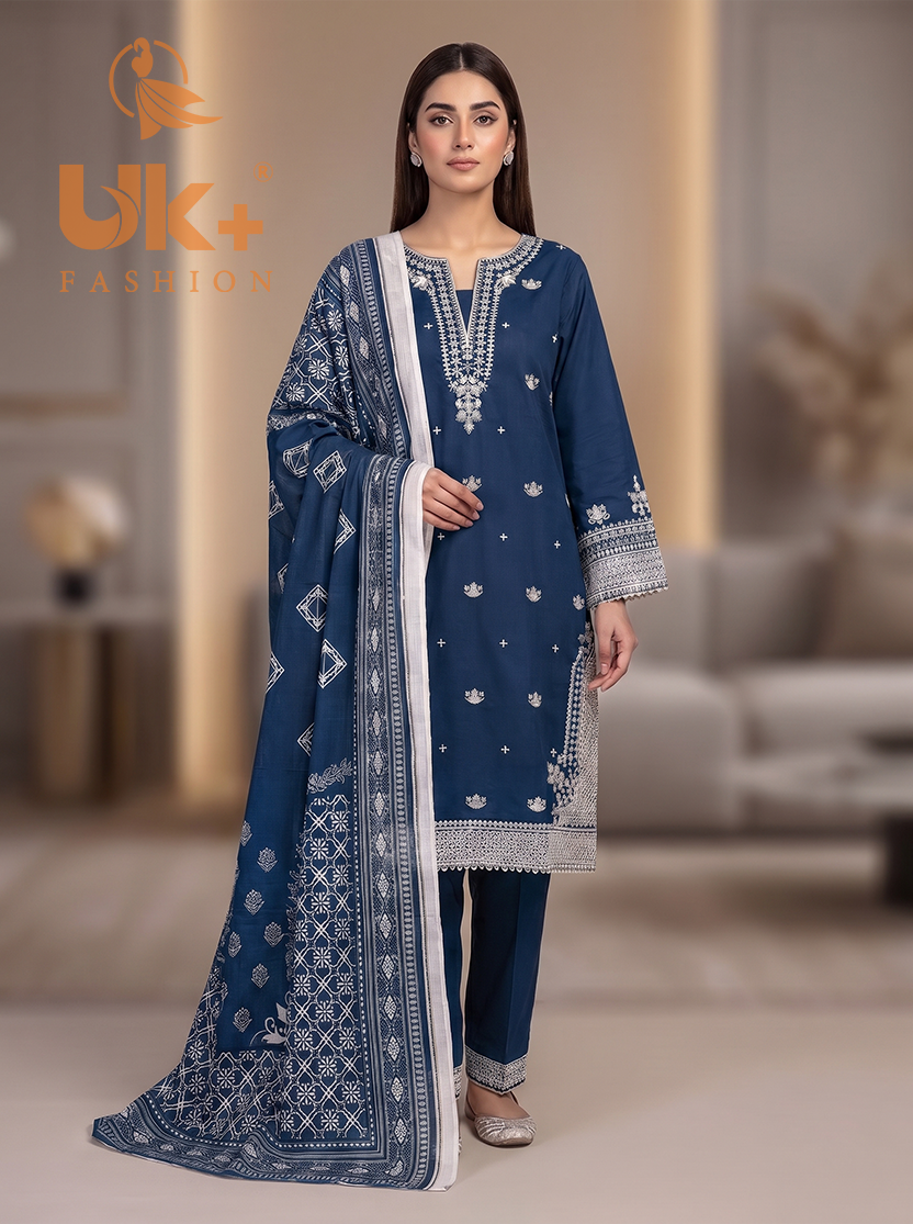 3Pc Embroidered Cotton Shirt, Trouser, Dupatta