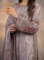 3Pc Embroidered Sheesha Silk Long Shirt, Plazo, Dupatta