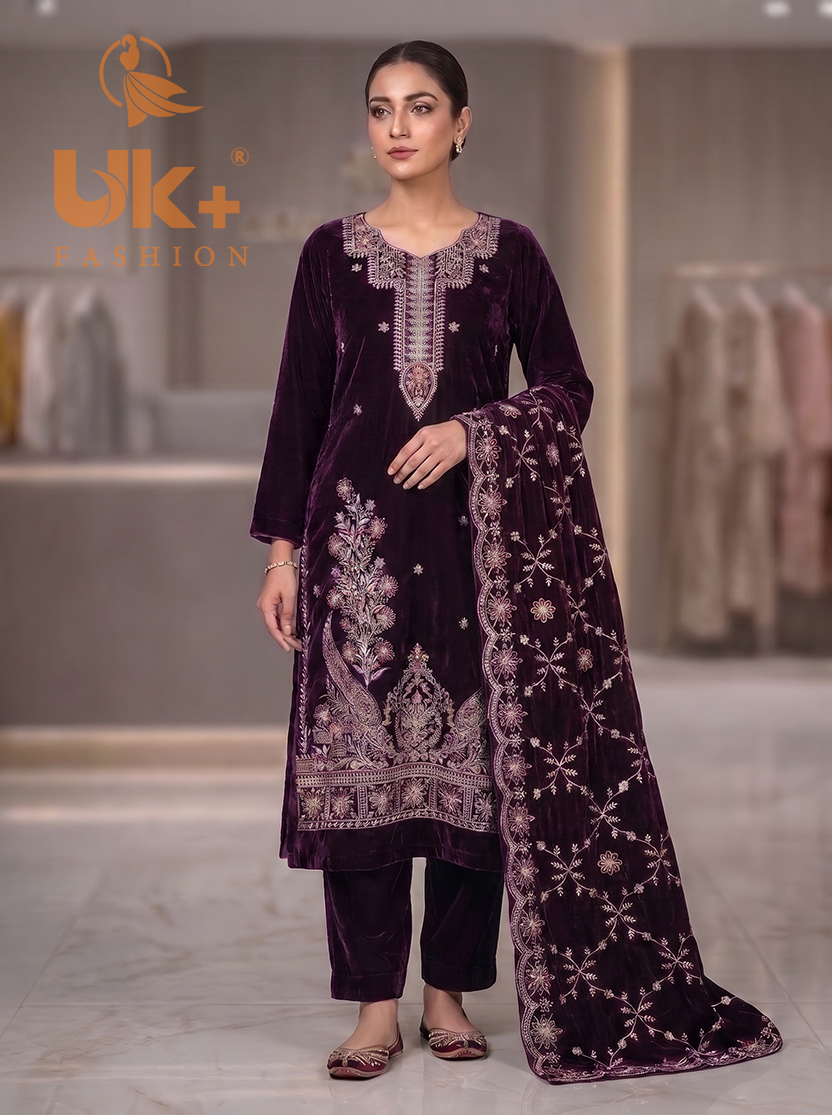 3Pc Velvet Un-Stitch, shirt, shalwar & Dupatta