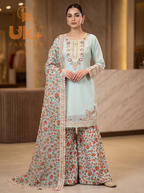 3Pc Embroided Chiffon Shirt, Plazo, Dupatta