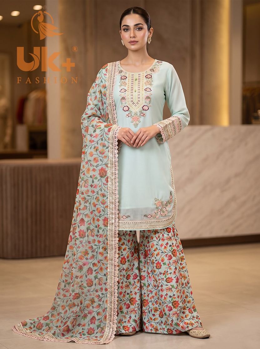 3Pc Embroided Chiffon Shirt, Plazo, Dupatta