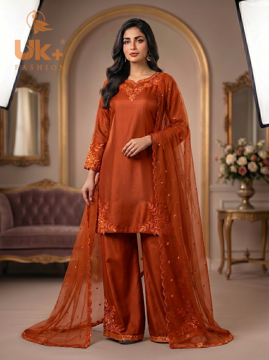 3Pc Embroided pure Silk Shirt, Plazo, Dupatta