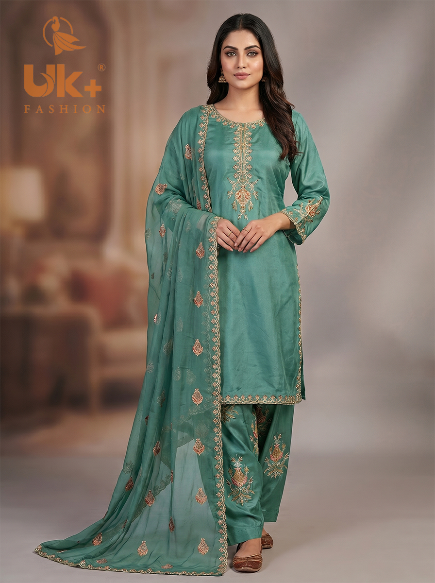 3Pc Embroidered Kataan Silk, Shirt, Farshi Shalwar and Chiffon Dupatta