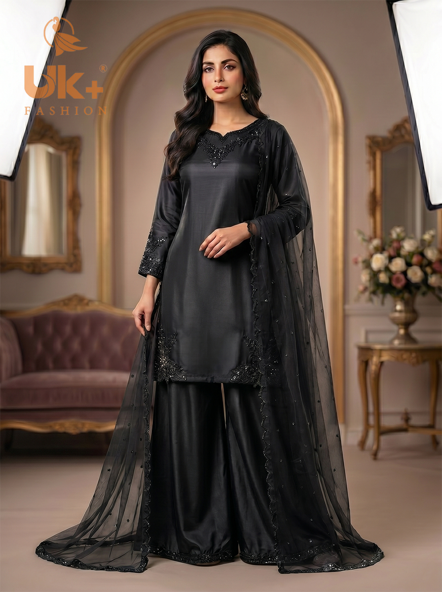 3Pc Embroided pure Silk Shirt, Plazo, Dupatta