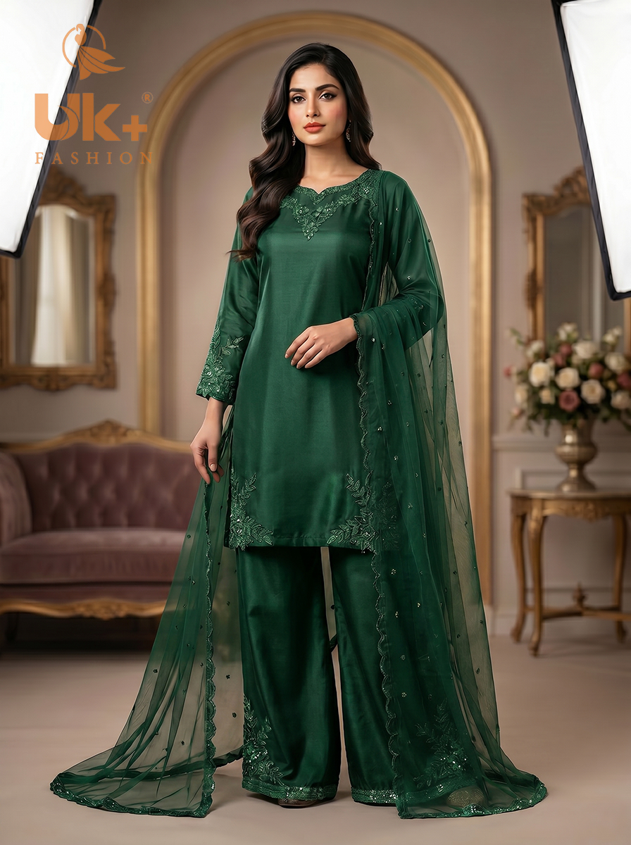 3Pc Embroided pure Silk Shirt, Plazo, Dupatta